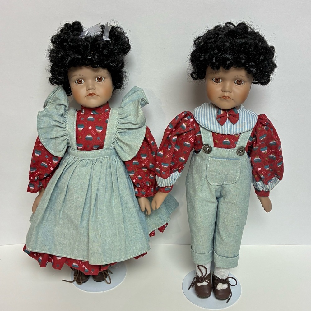 Delton Product Corp. Porcelain Brown Boy Girl Dolls Stands Matching Outfits